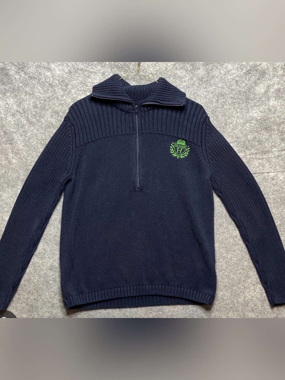 Tommy Hilfiger Ladies Navy Quarter Zip Sweater with Green Crest XL